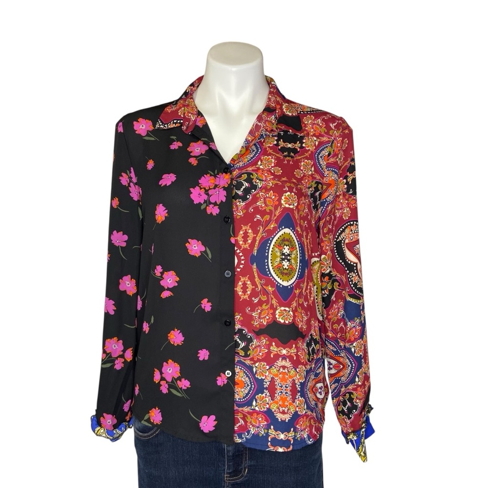 3/$20 NEON & NYLON Multi Pattern Button Down Long Sleeve Top Ruffle Cuff Size 38